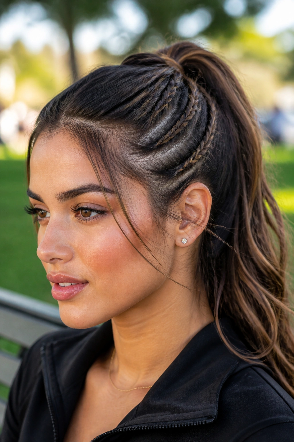 Close-up of a real person with micro braids integrated into a half ponytail.