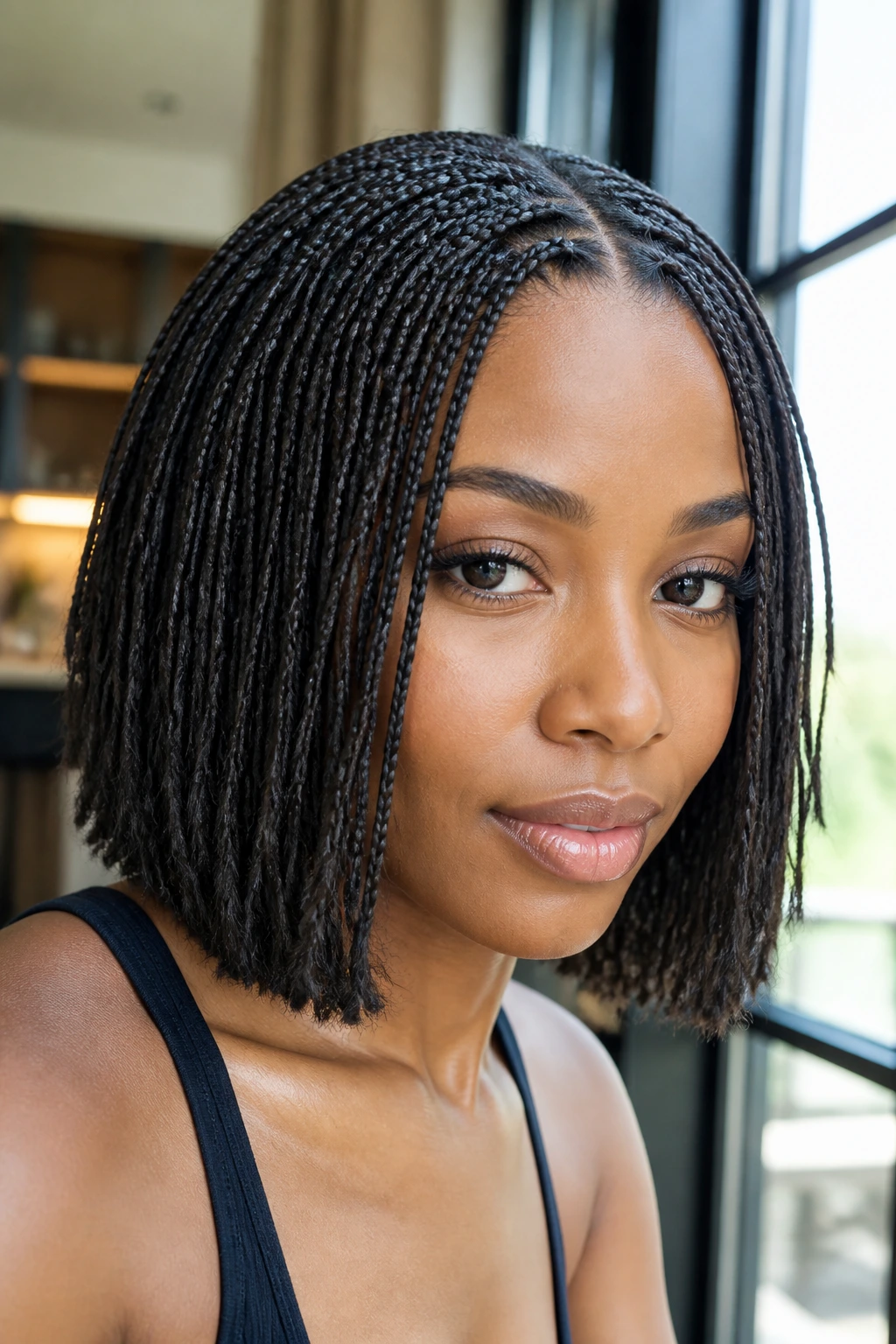 Close-up of a real woman with micro-braids in a bob by a sunny window
