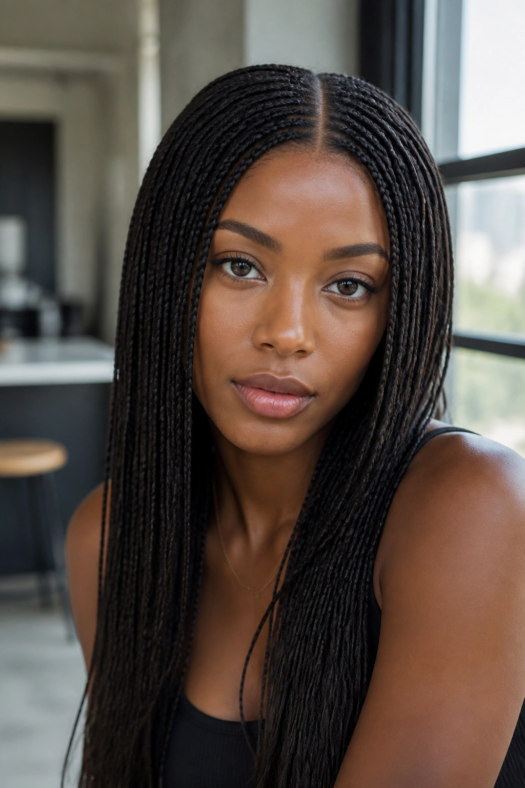 Close-up of center-part micro braids with a middle line on a real woman in natural light