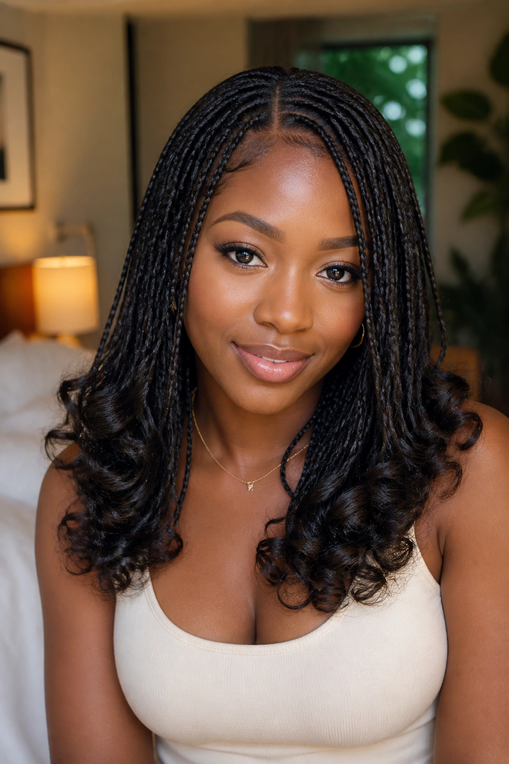 Close-up of micro braids with curled ends on a real woman
