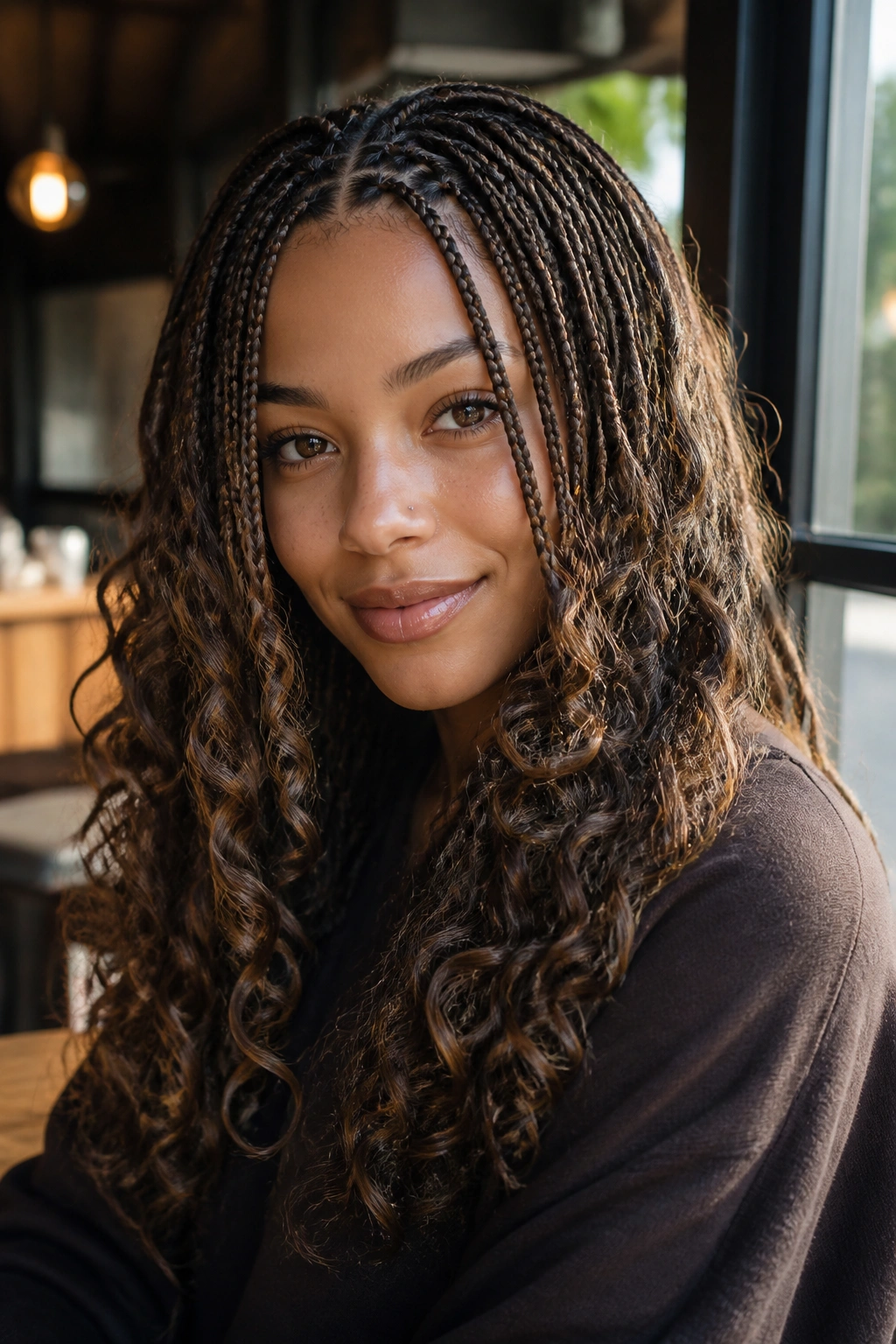 Close-up of a real woman showing micro braids and loose curls texture