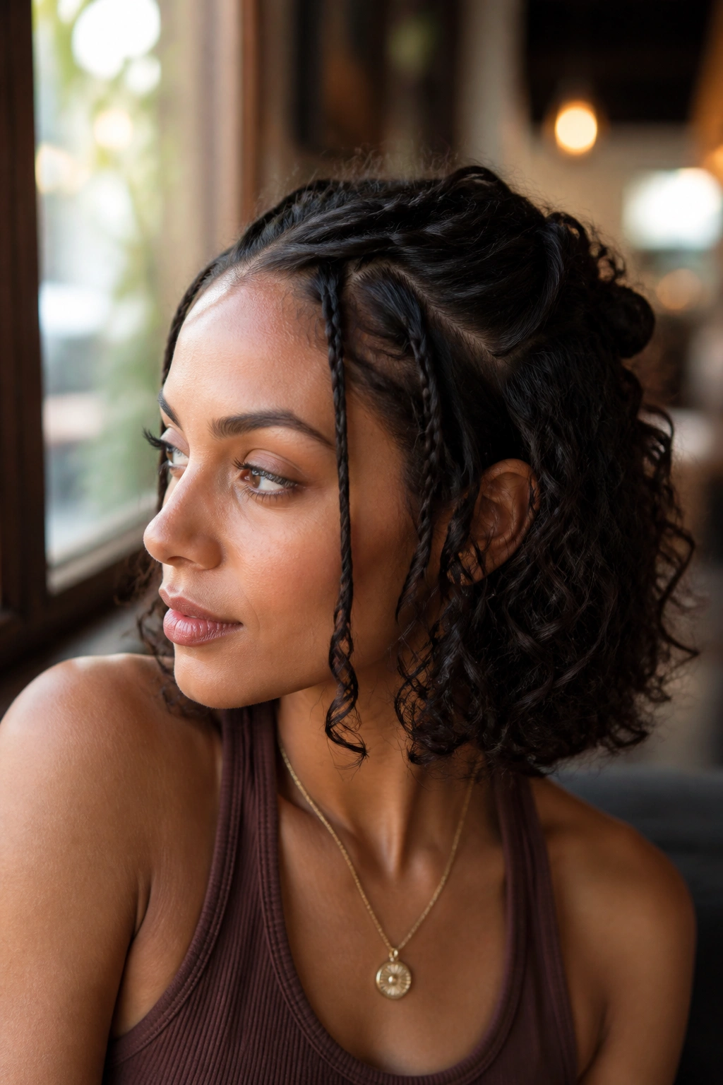 Close-up of a real woman with micro-braids accents on a curly bob, loose back curls in sunlit cafe.