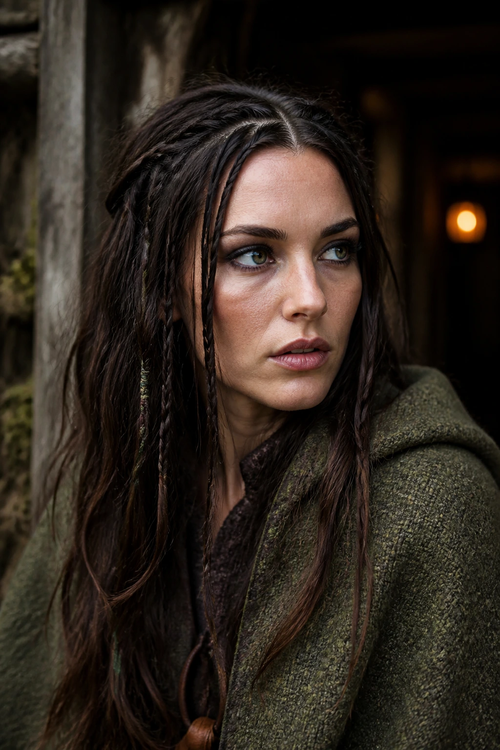 Real woman with numerous micro braids and cord in a forest witch look