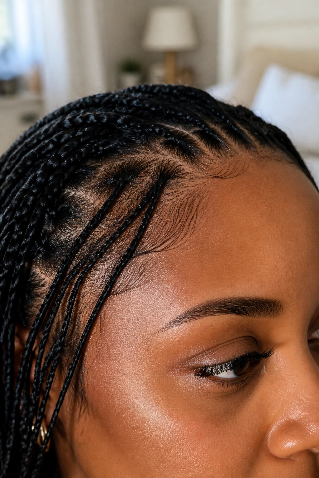 Close-up of tiny micro braids along the hairline framing the face