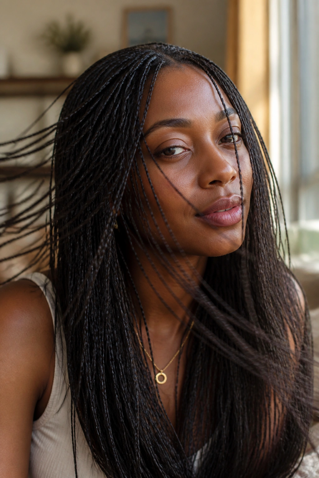 Close-up of a real woman with micro braids moving like thread in a softly lit living room.