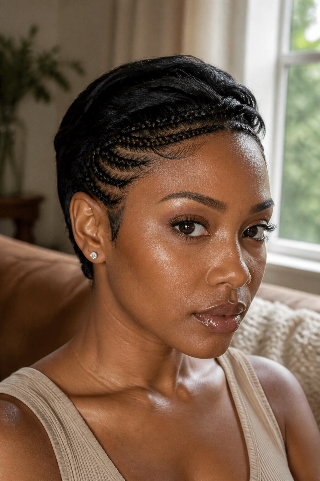 Close-up of a real Black woman with micro braids framing a pixie cut near the hairline.