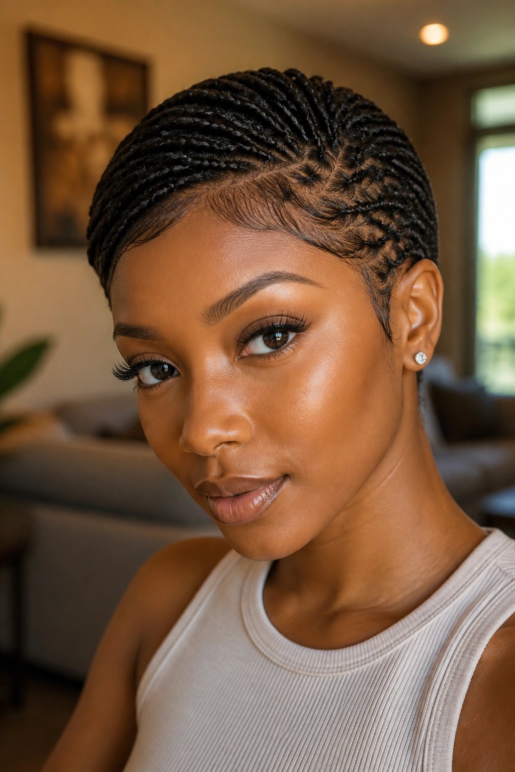 Close-up of a real woman with feather-light micro braids on a pixie cut