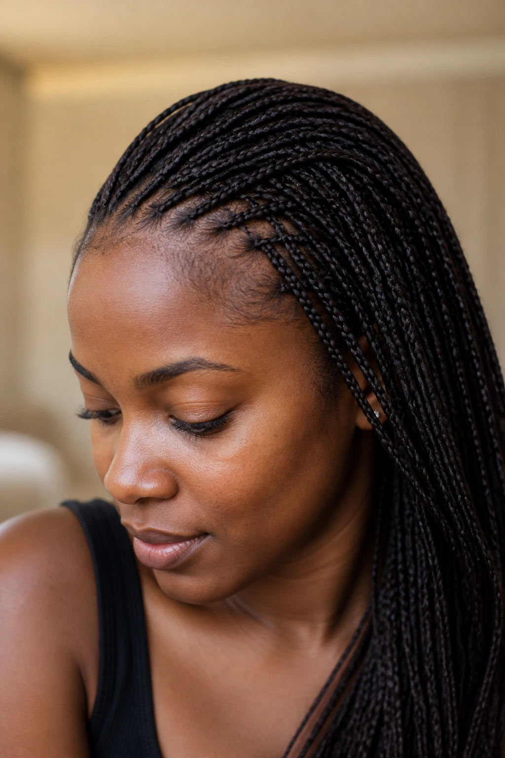 Close-up of a woman with micro braids showing dense tiny braids