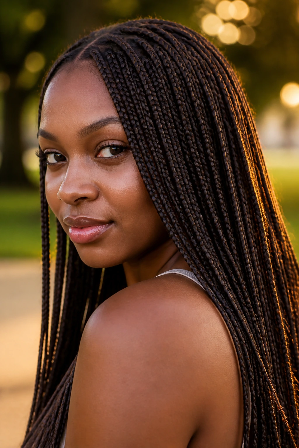 Close-up portrait of a woman with micro braids in an outdoor park
