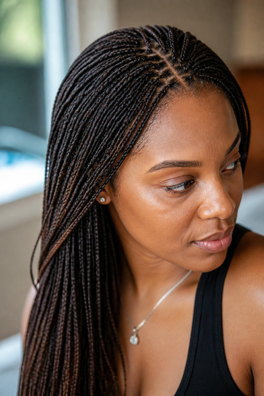 Close-up of a real woman with micro braids covering the scalp