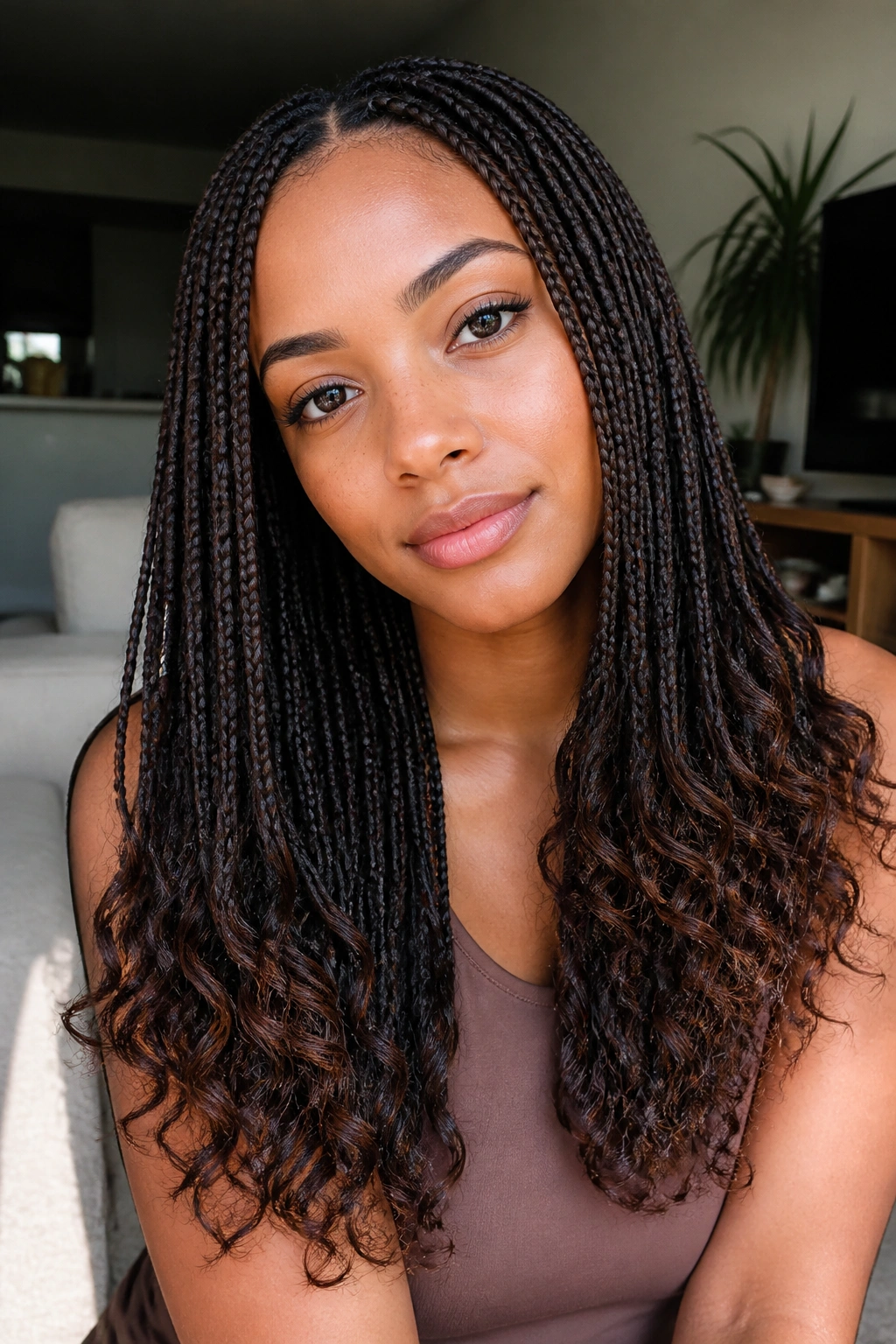Real woman with micro braids ending in soft curls, close-up portrait