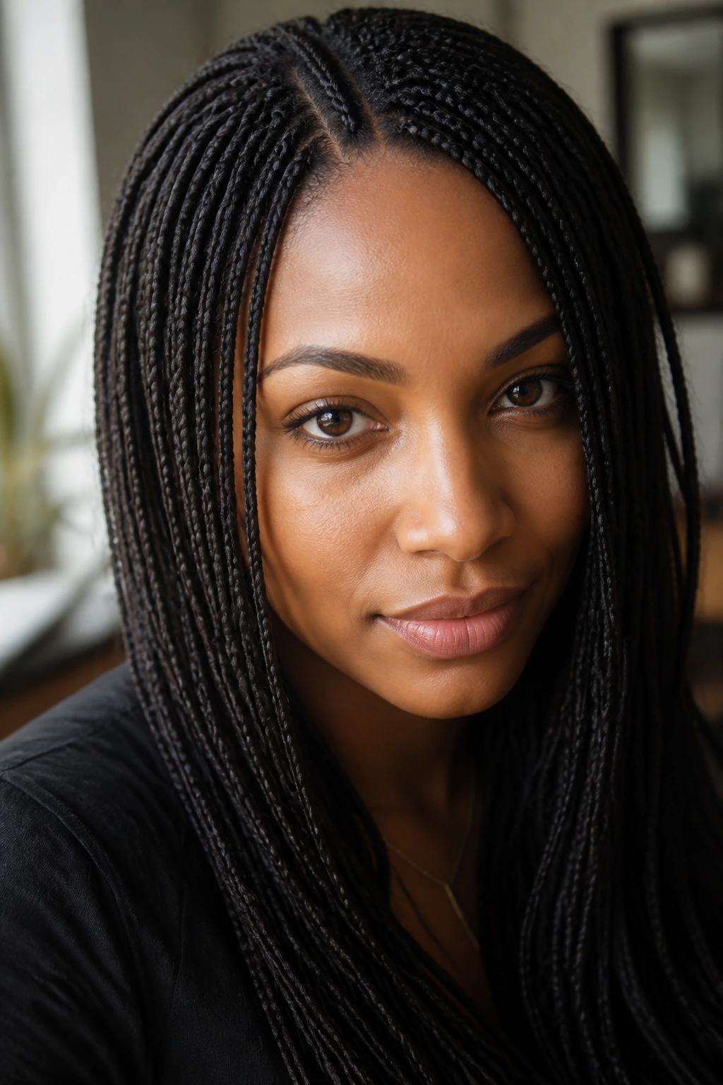Close-up of woman with micro braids framing her face