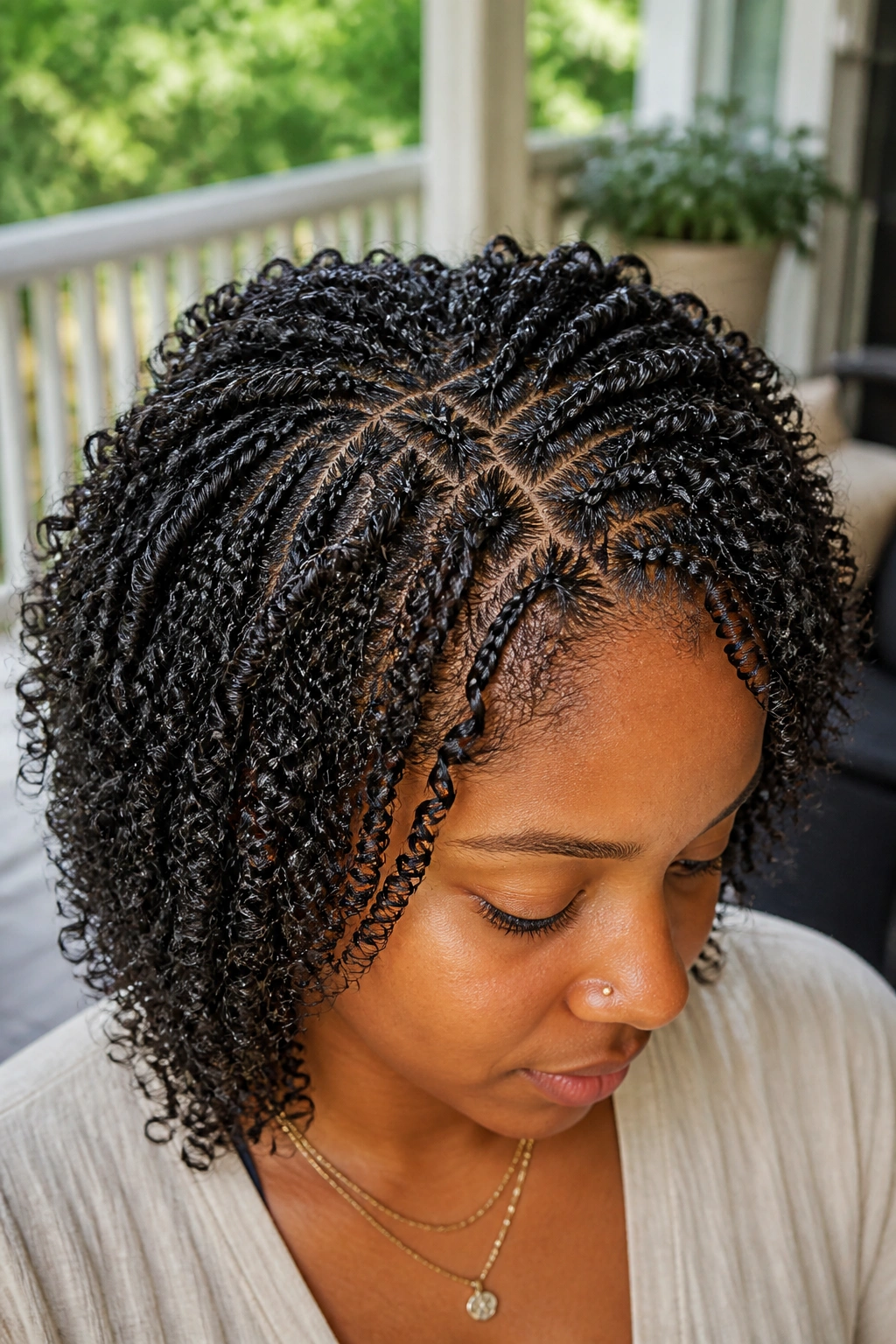 Close-up of a person with micro braids creating tiny uniform curls