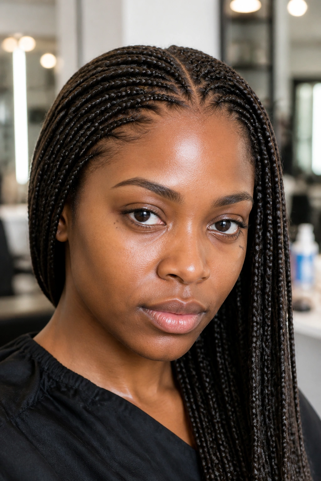 Extreme close-up of real Black woman with micro braids.