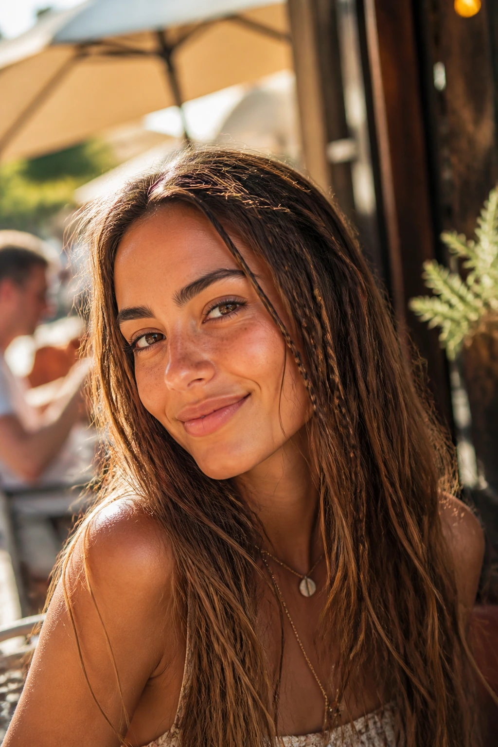 Woman with micro braids mixed into loose waves in sunlight
