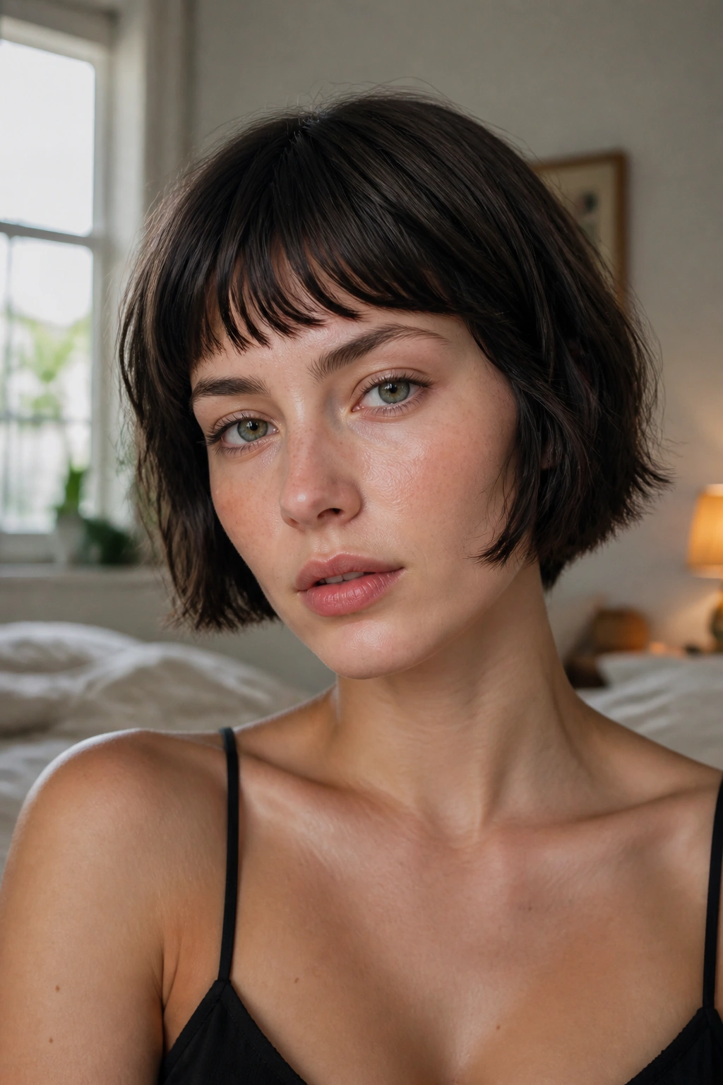 Close-up portrait of a real person with a micro choppy bob skimming the jaw