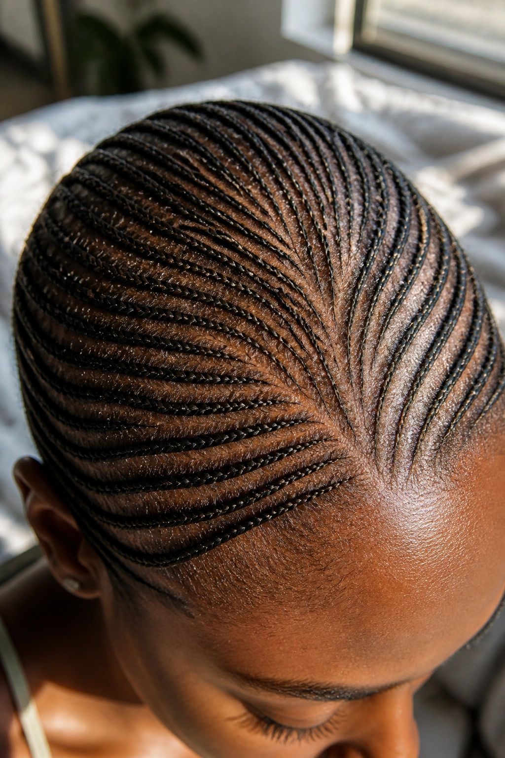 Close-up of micro cornrows pattern on real woman's scalp
