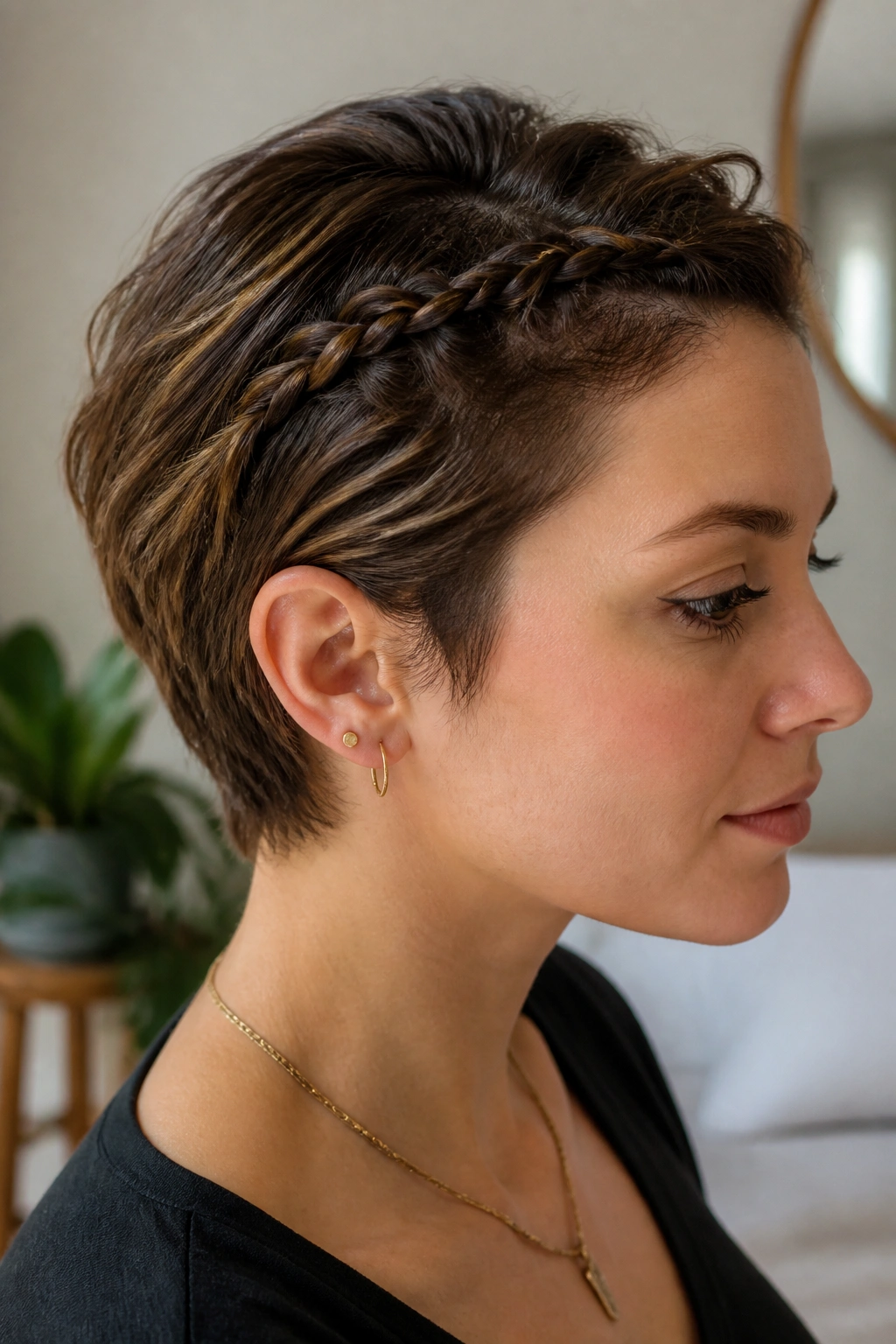 Close-up of a real woman with a micro crown braid along the head.