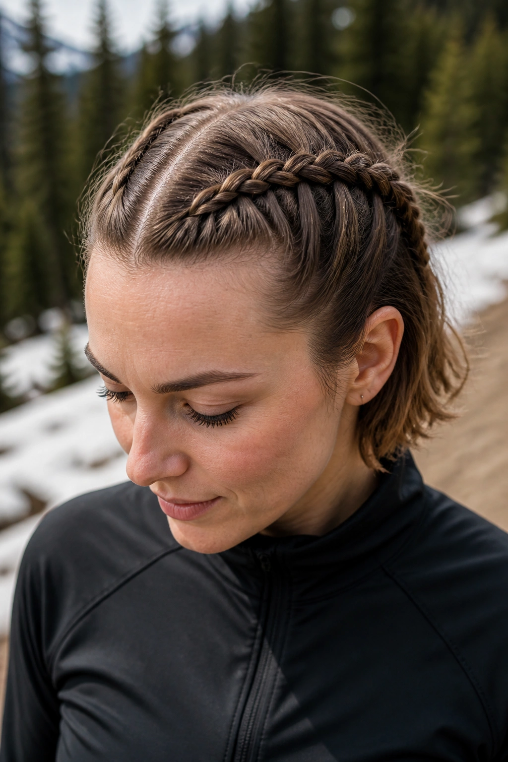 Close-up of a real woman with two micro Dutch braids near the ears in a snowy outdoor setting