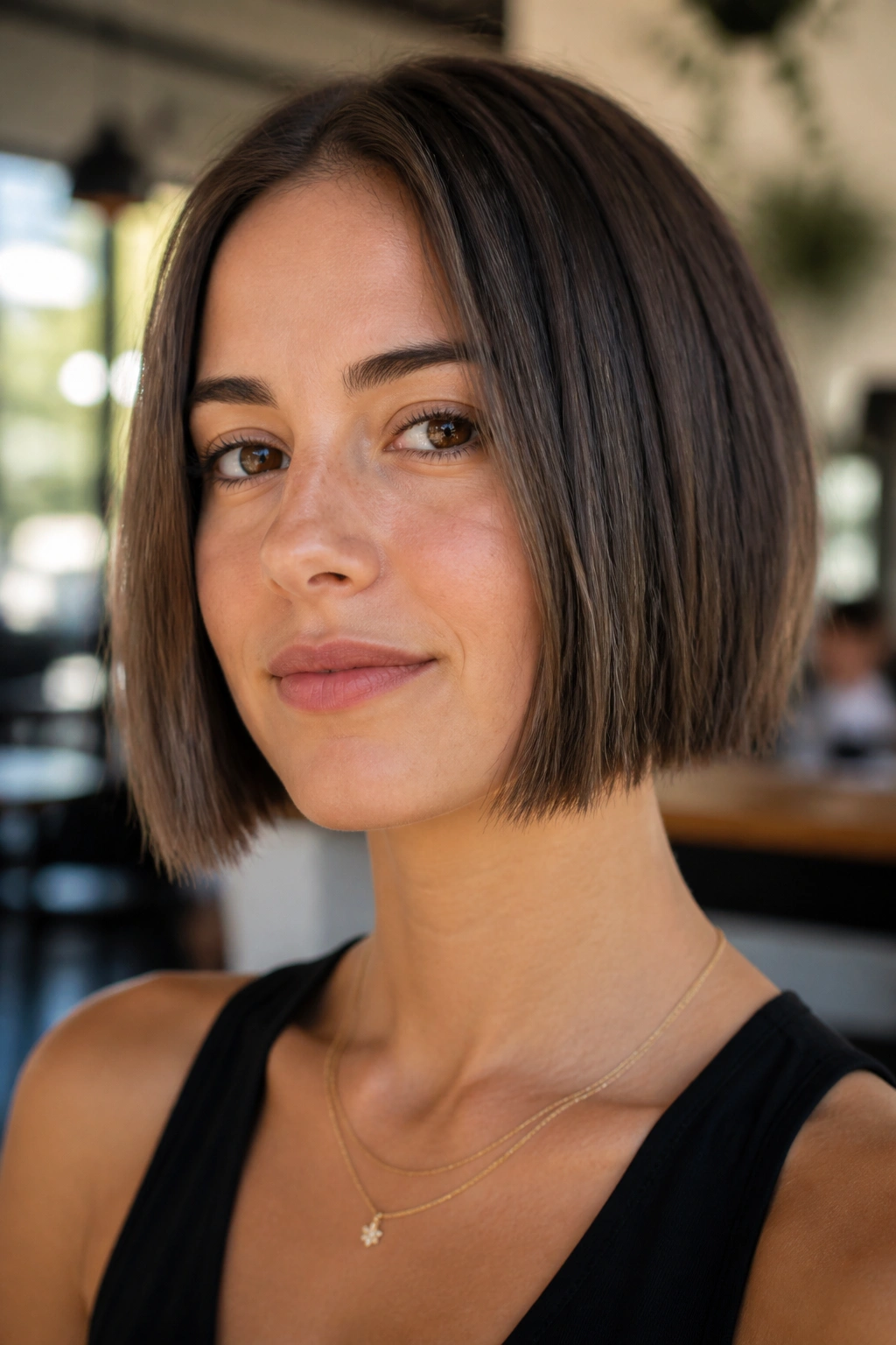 Close-up of a woman with micro-ended blunt cheek-length bob
