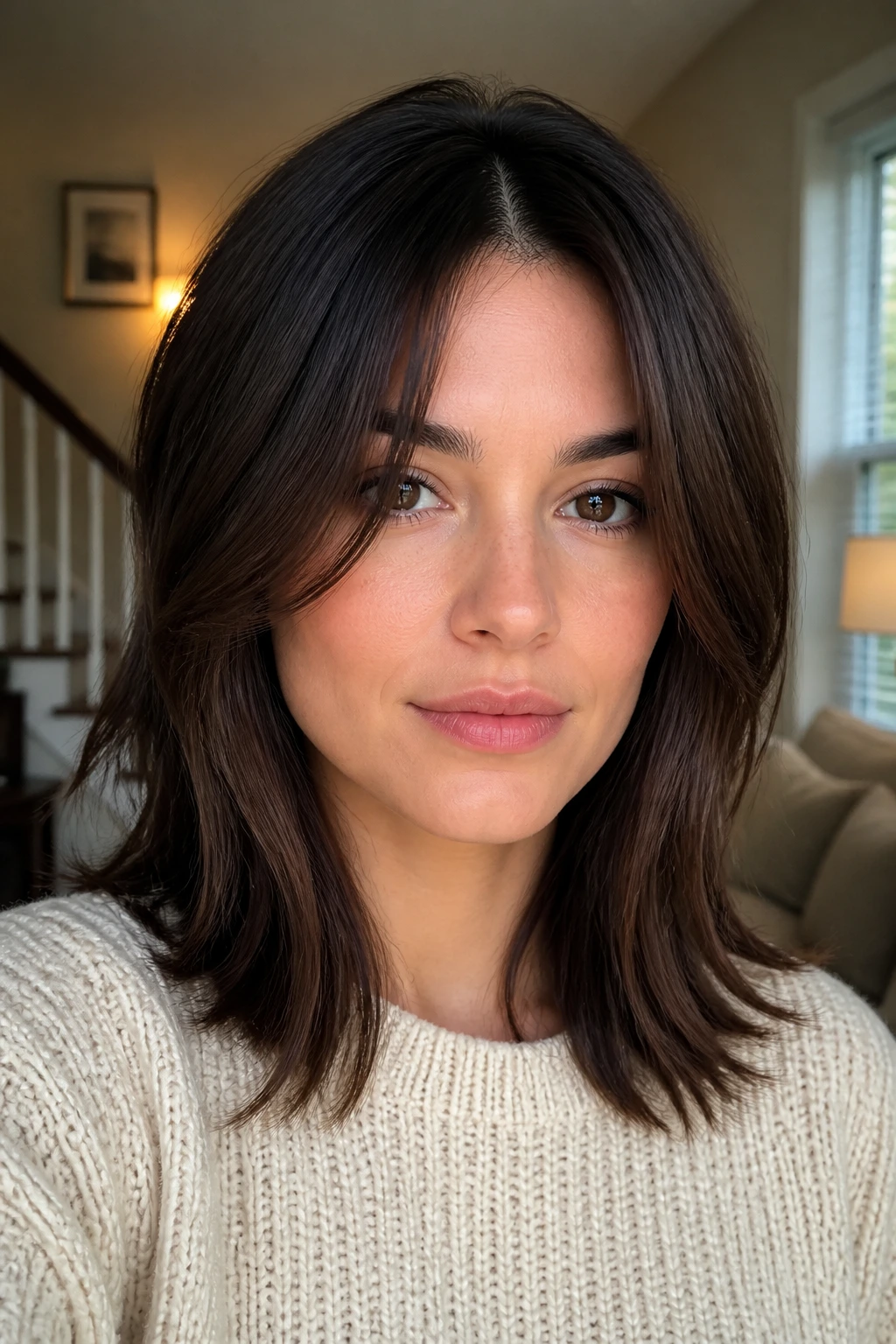 Close-up portrait of a real woman with micro face-framing in a medium cut