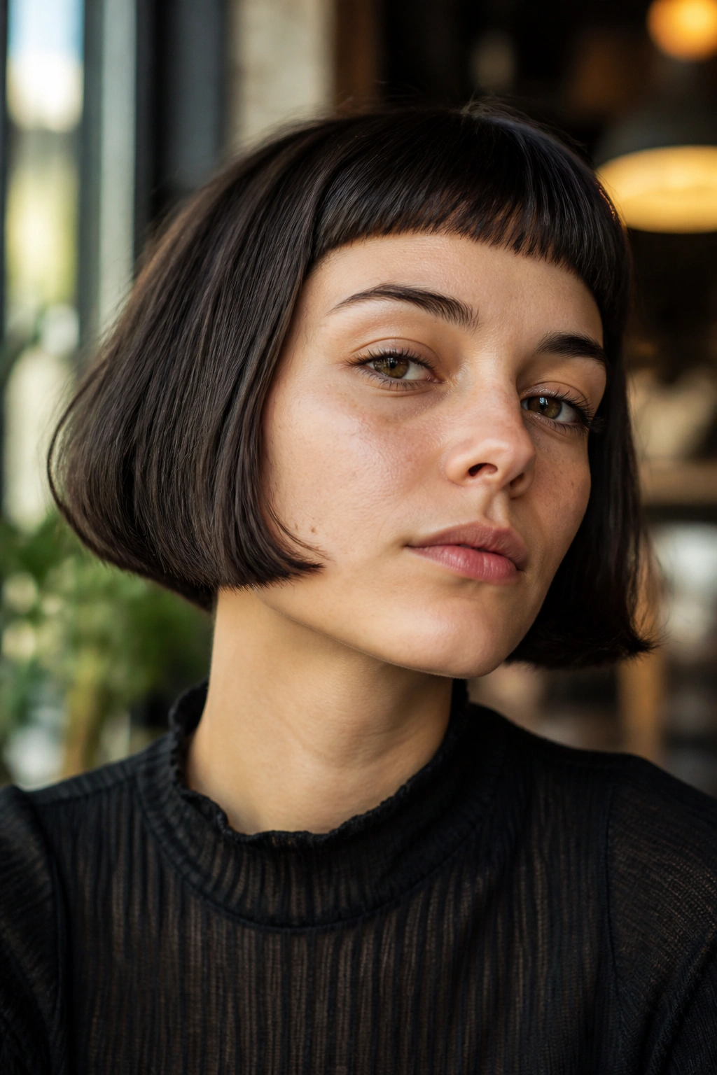 Close-up of a real woman with Micro-Fringe French Bob With Cropped Ends in cafe light