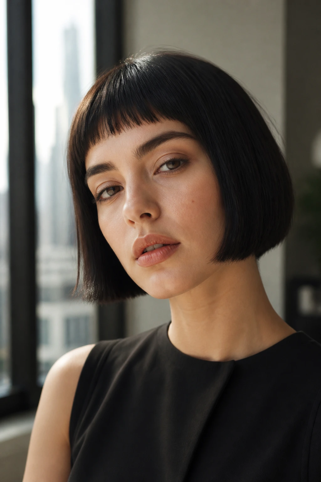 Real woman with Micro-Fringe Chin Bob, sharp fringe above brows and crisp chin-length line.