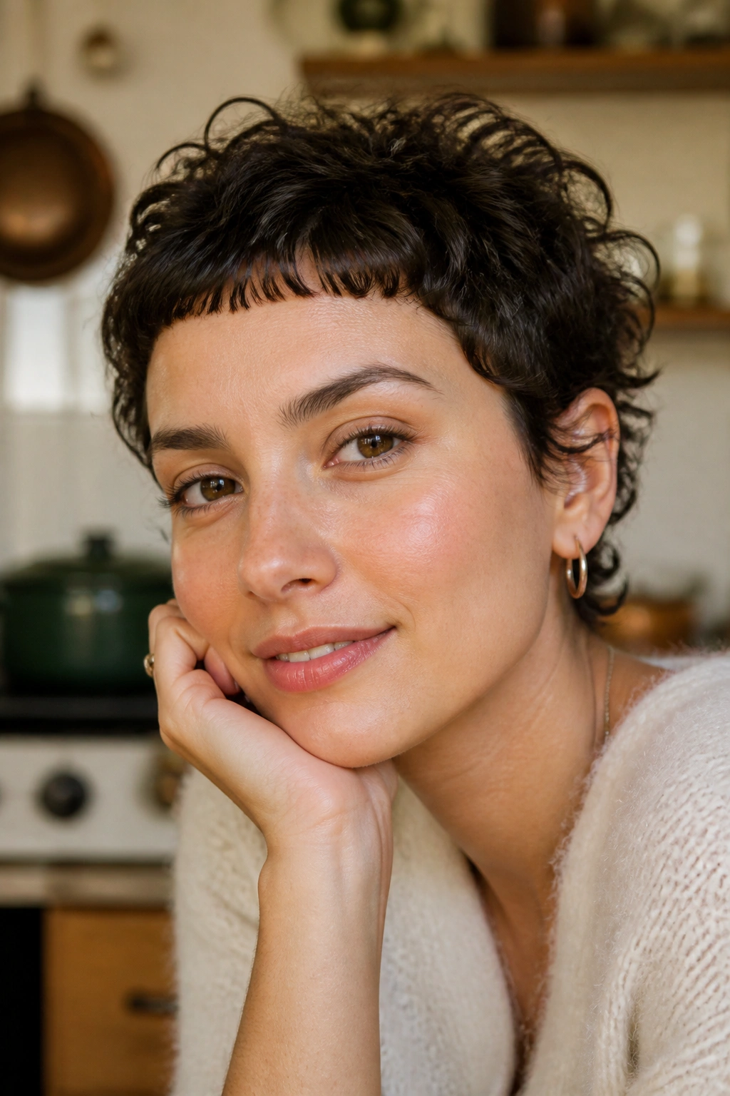 Close-up of a woman with micro fringe curly hairstyle