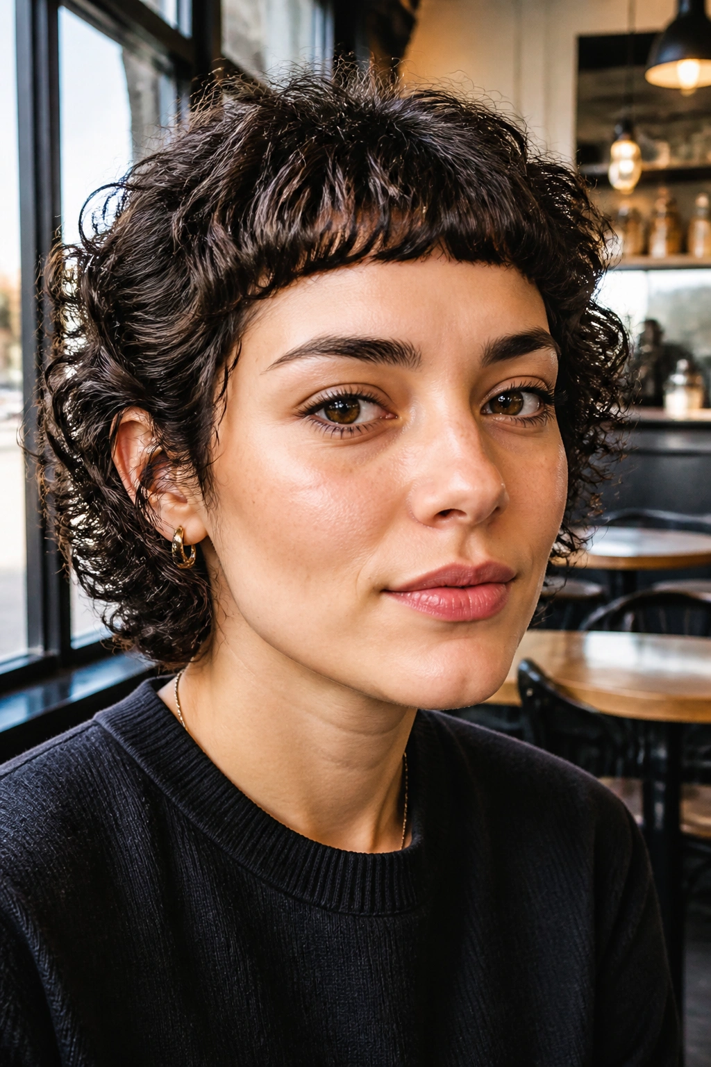 Close-up of a real woman with micro fringe on thick curls