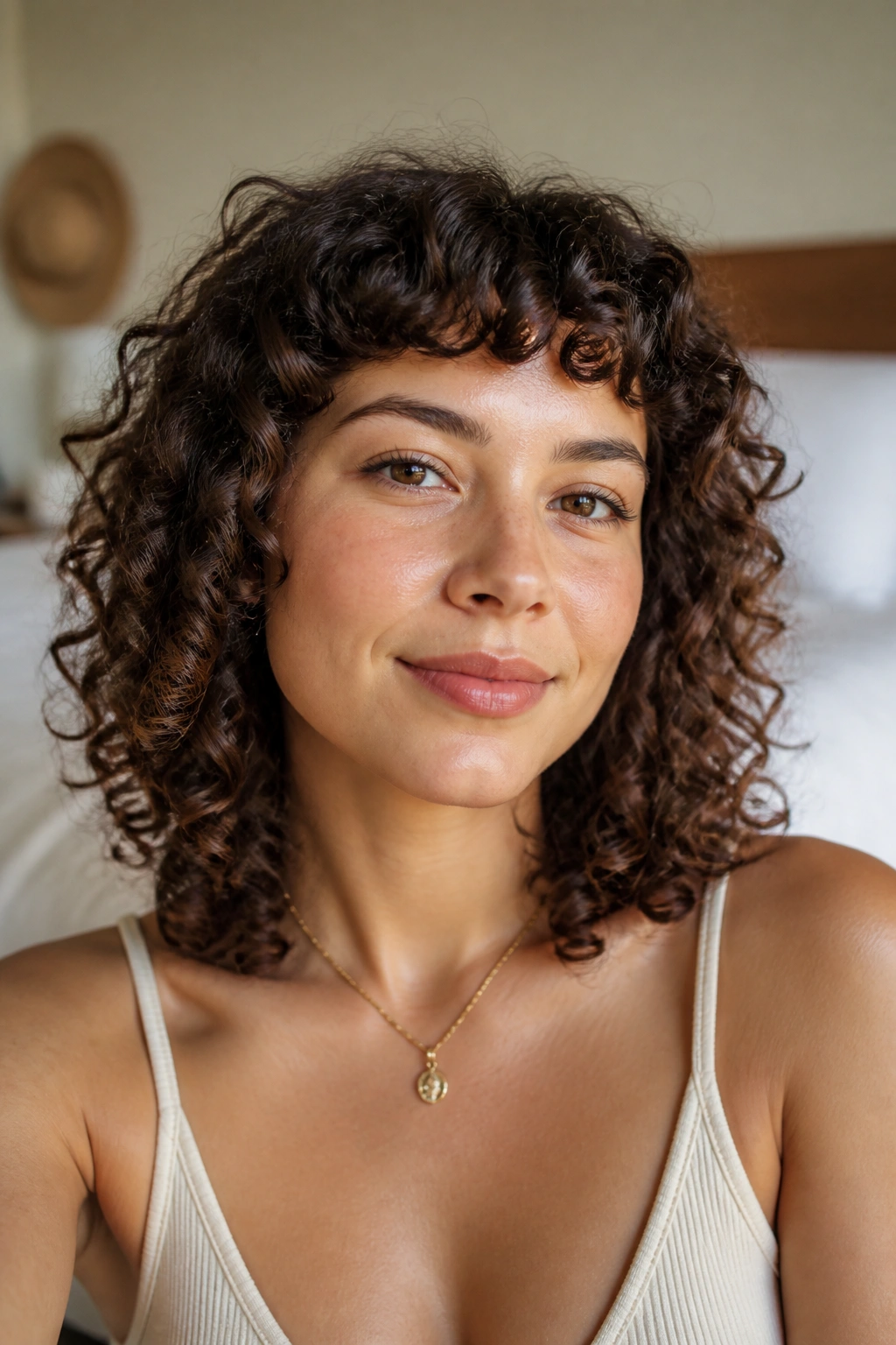 Close-up of real woman with micro fringe on medium curly hair in a softly lit bedroom