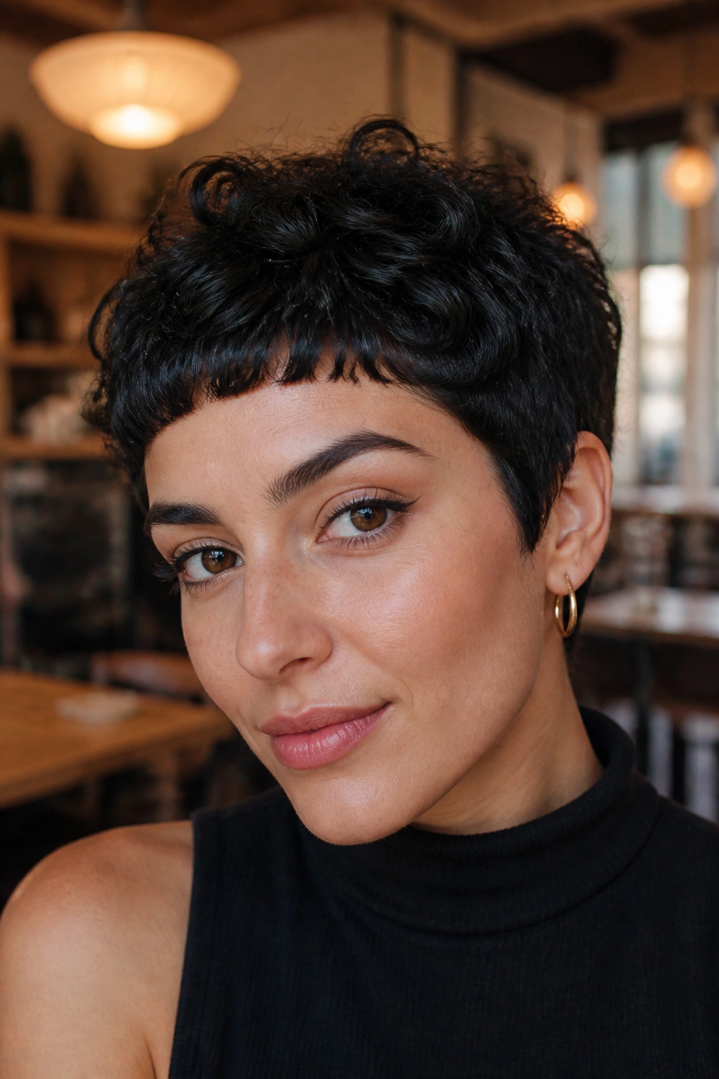 Close-up portrait of a real woman with micro-fringe curly pixie and short bangs
