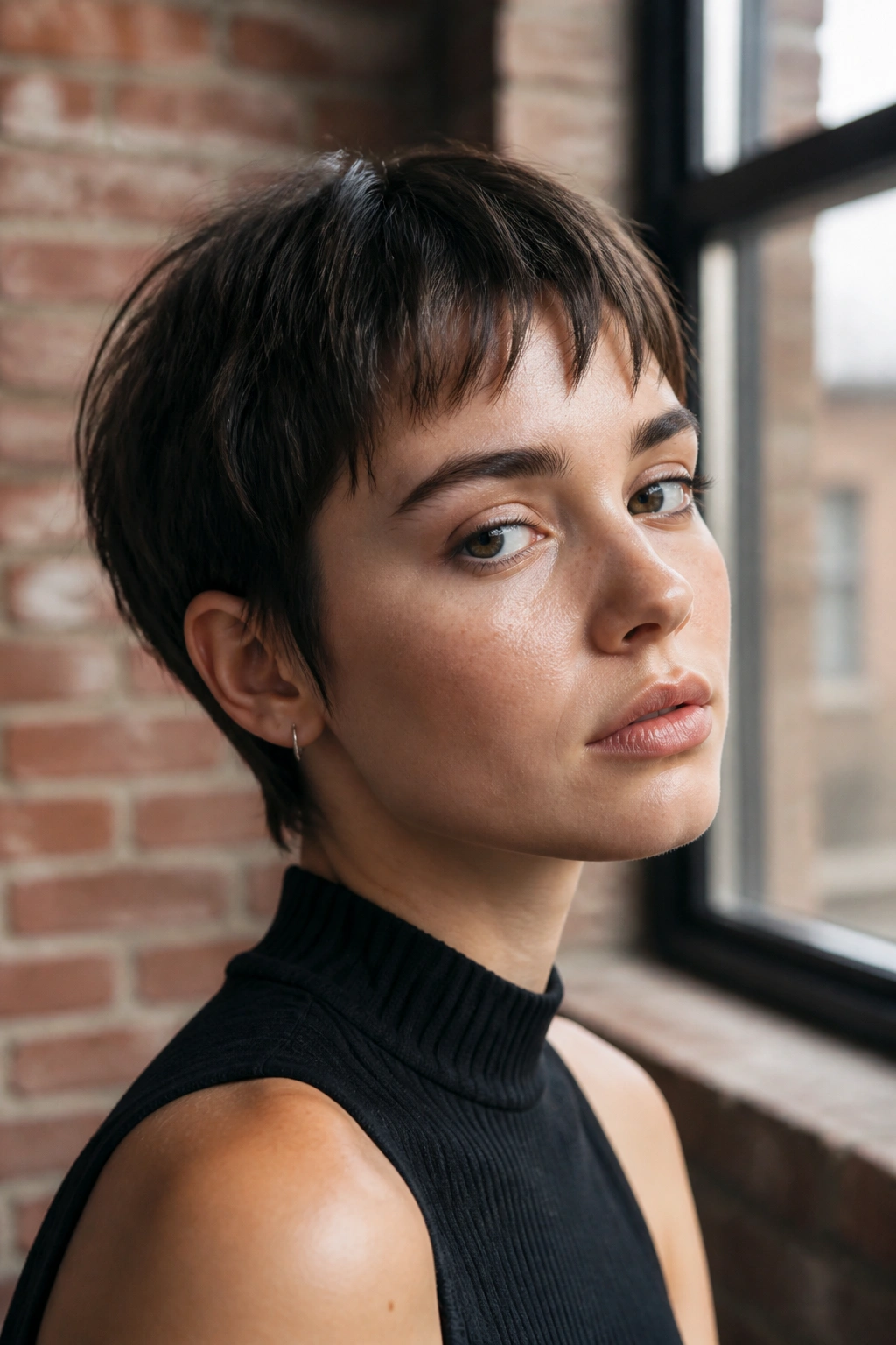 Real person with piece-y micro fringe in a moody urban loft setting.
