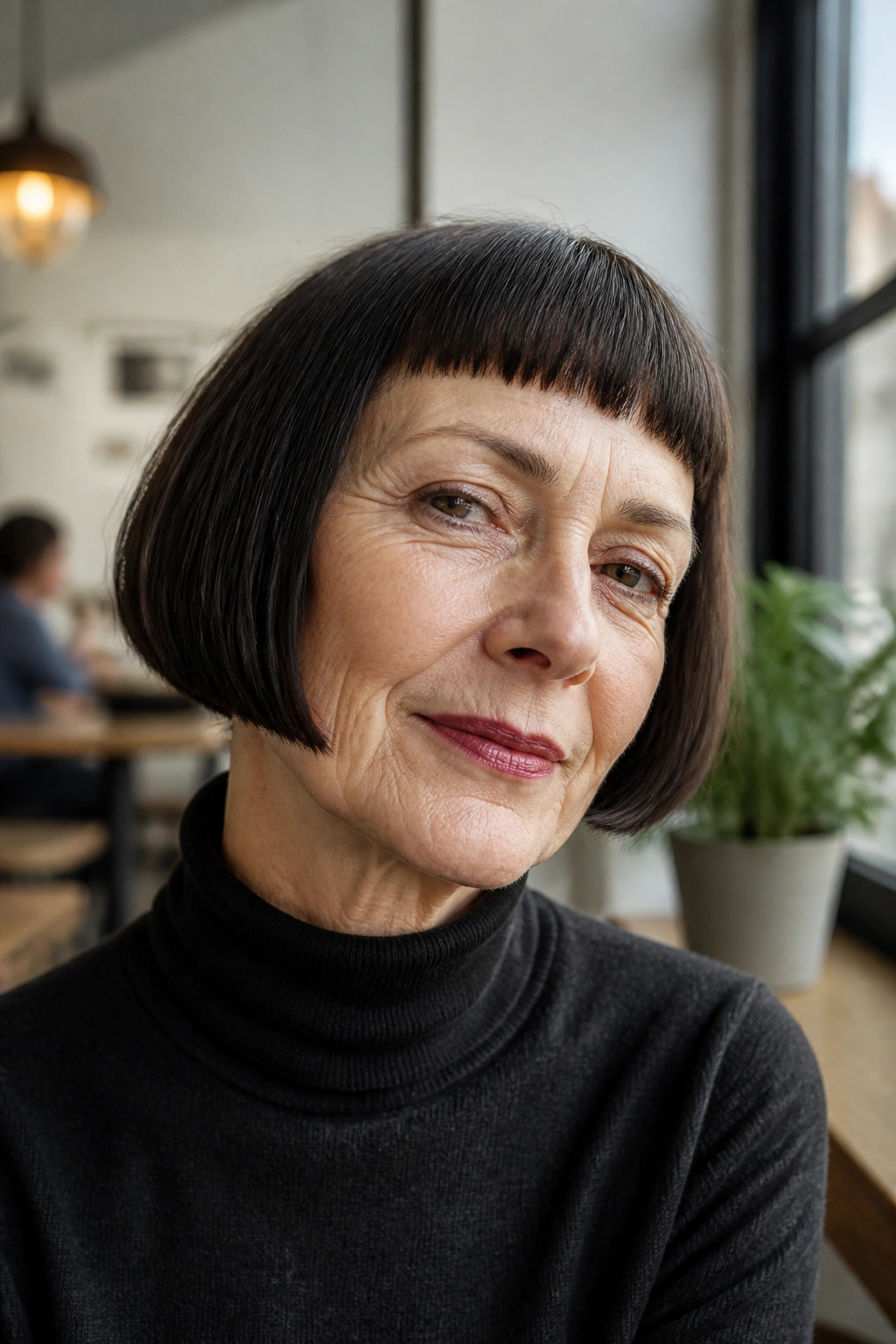Close-up of a woman with micro fringe French bob under cafe-window light