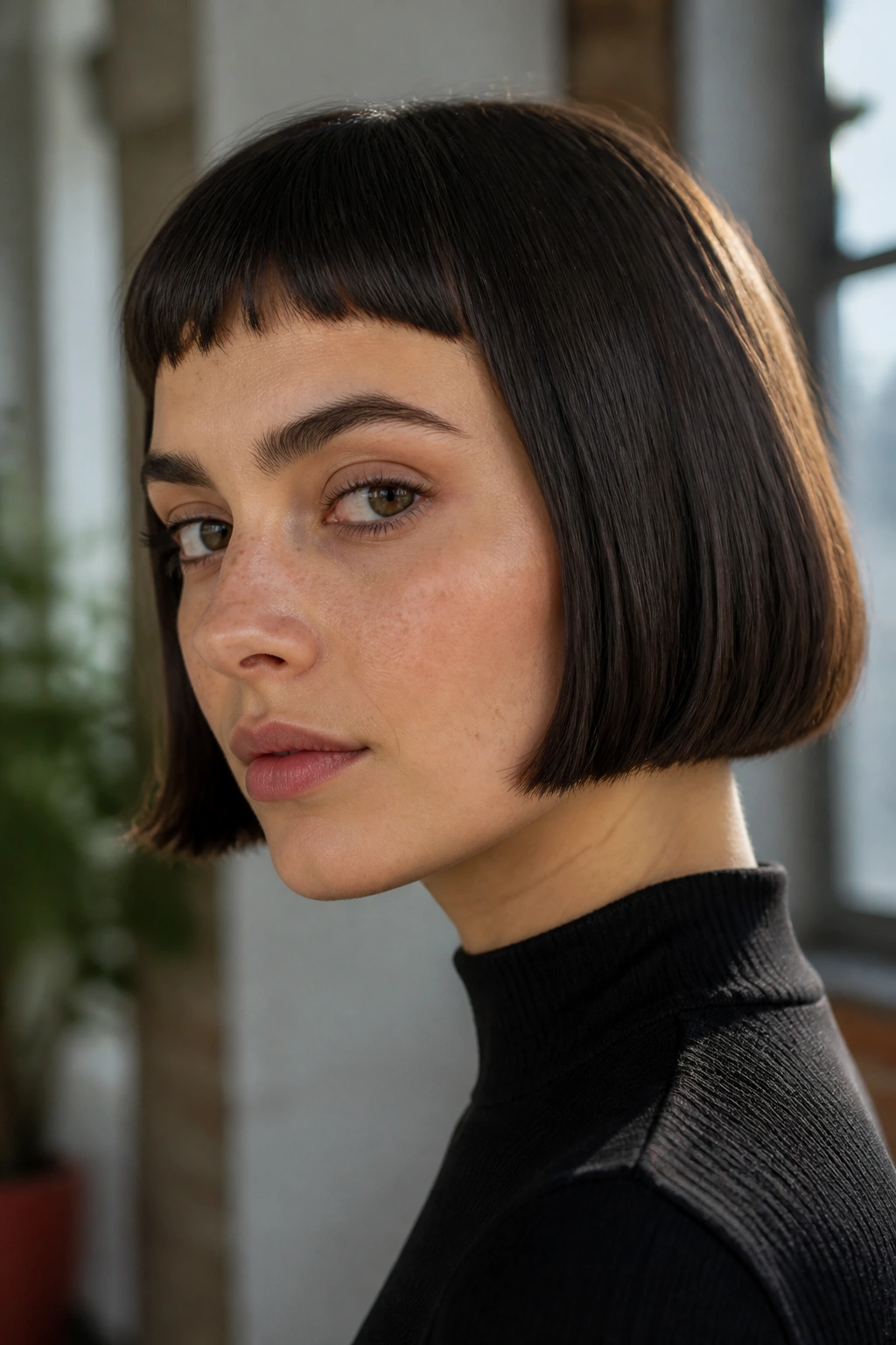 Close-up of a real person with micro-fringe French bob on straight hair