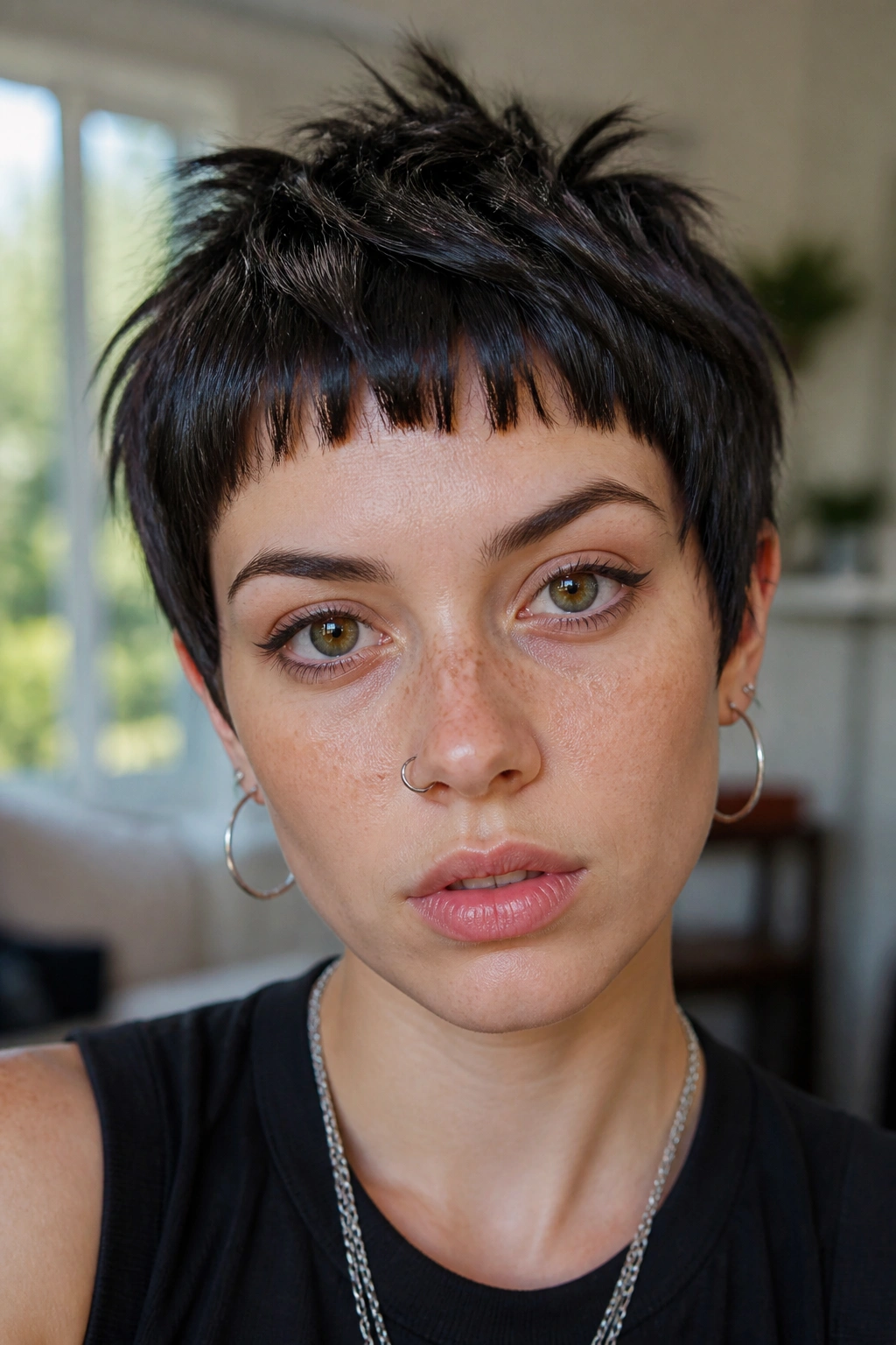 Close-up of a person with micro fringe pixie in natural window light
