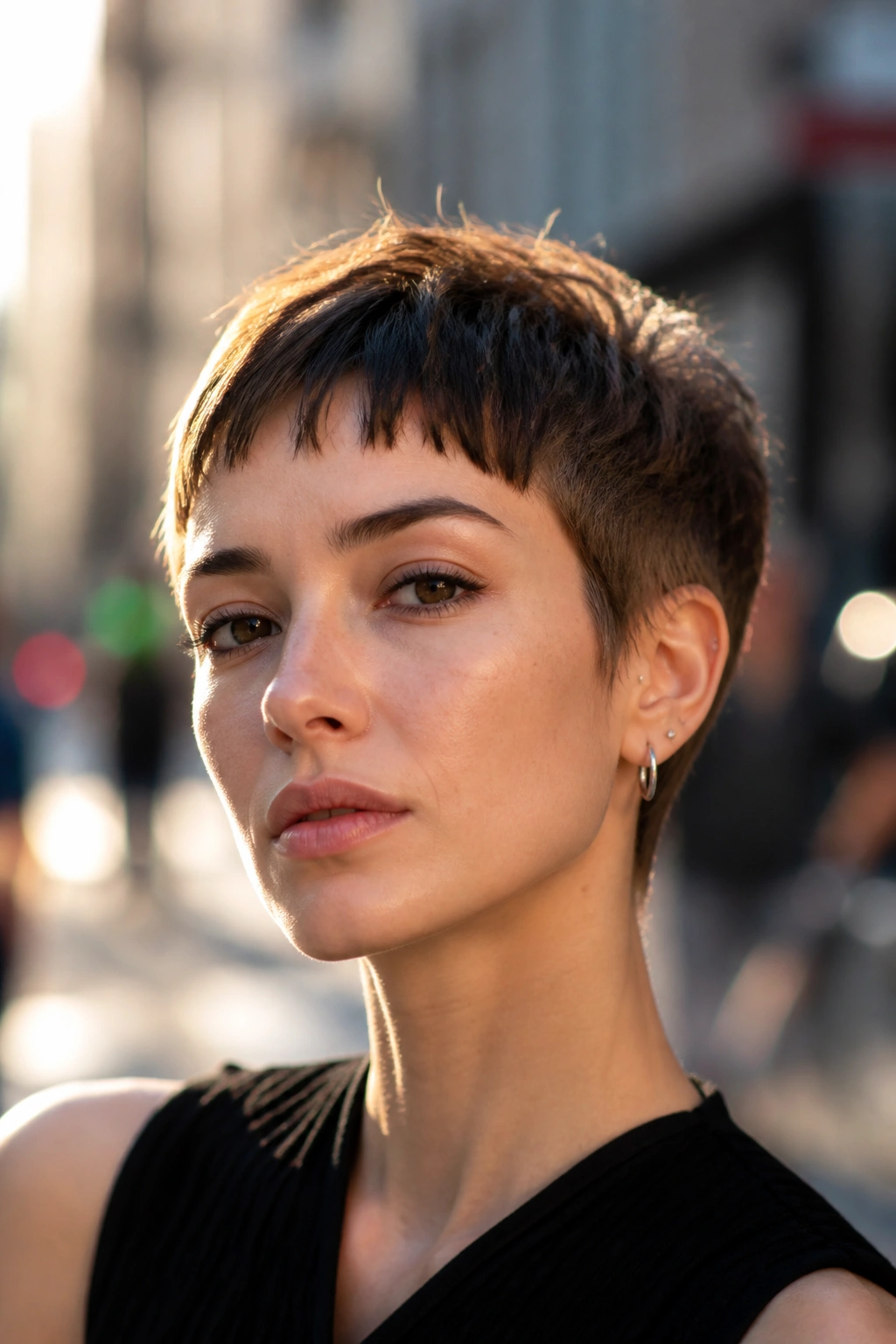 Close-up of a real woman with micro-fringe pixie and airy sides in golden hour light