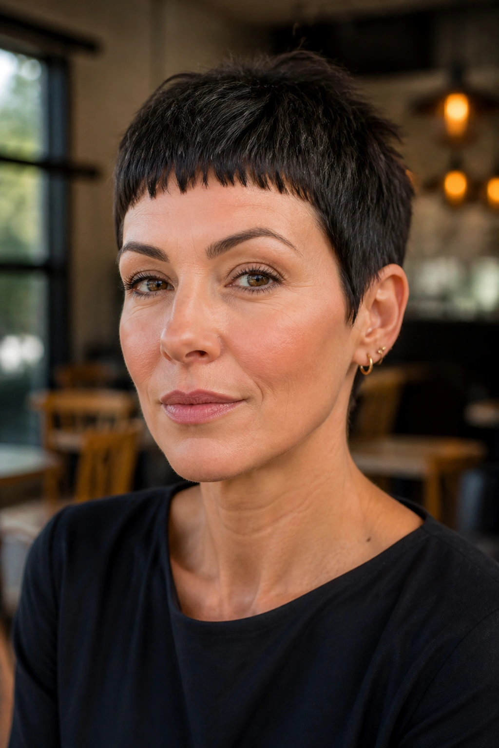 Close-up of a real woman with a micro fringe pixie, bold fringe above the brow in warm cafe light