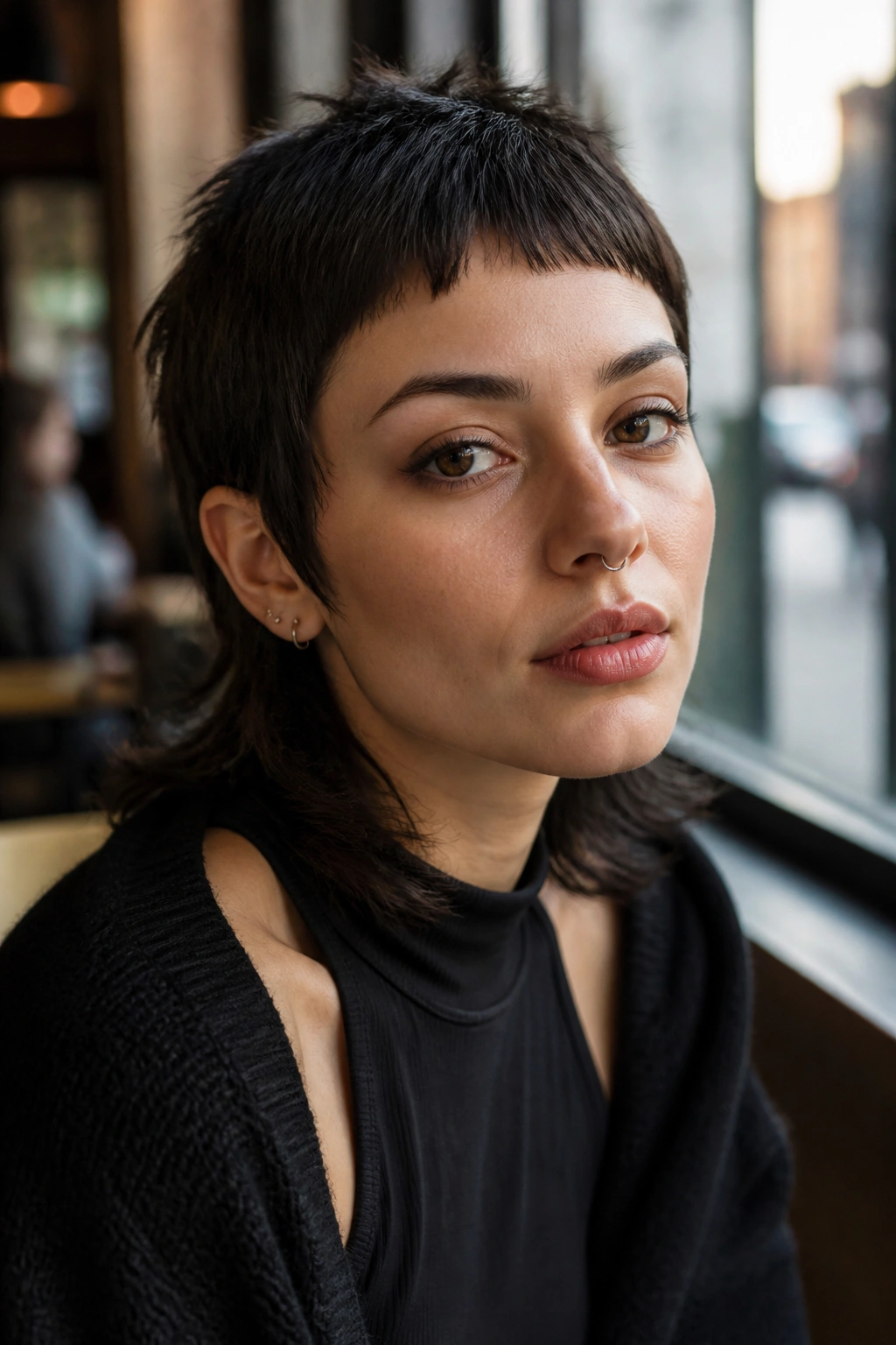 Close-up of a real woman with micro-fringe pixie mullet in an urban cafe setting