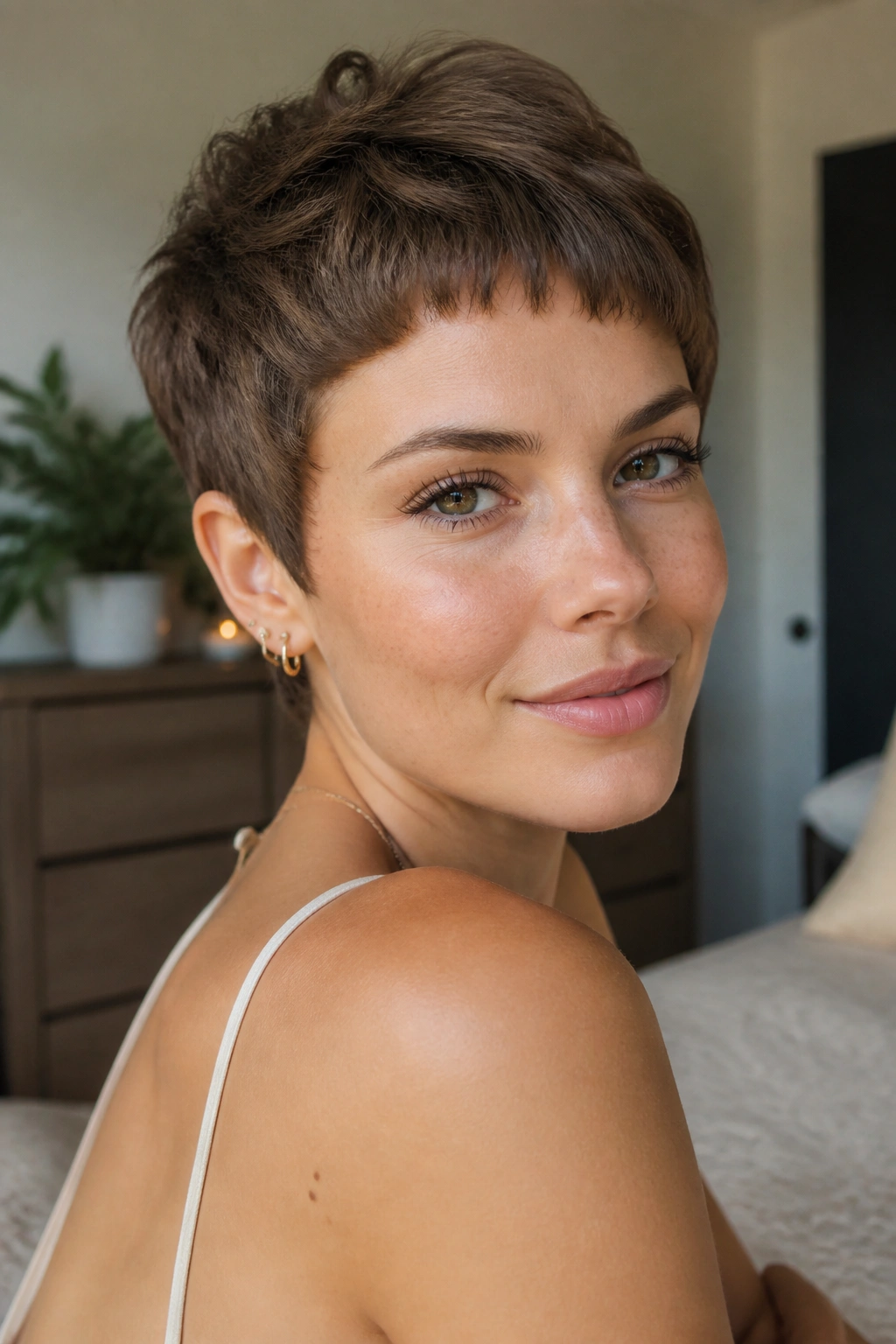 Close-up of a real woman with micro-fringe pixie and rounded edges