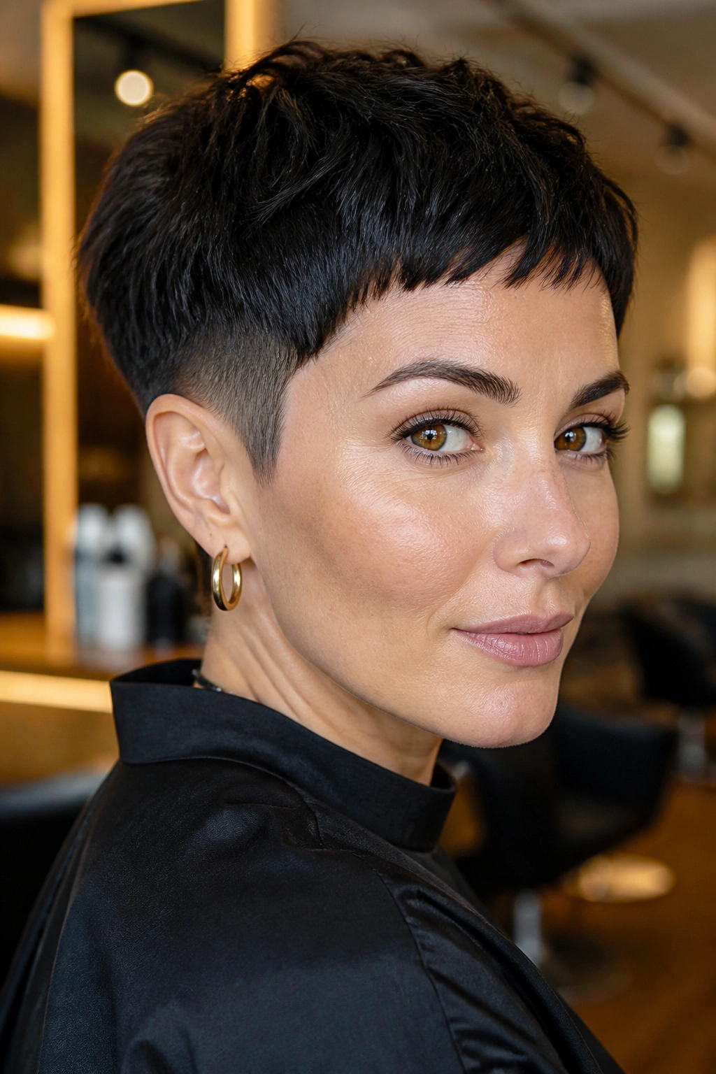 Real woman with micro fringe and sculpted sides, portrait in salon setting