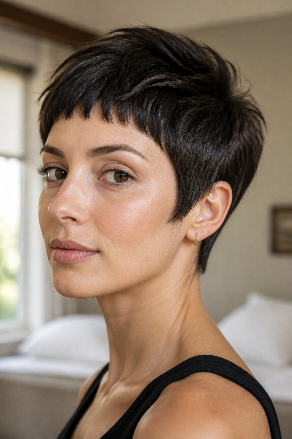 Close-up portrait of a real person with long pixie and micro fringe