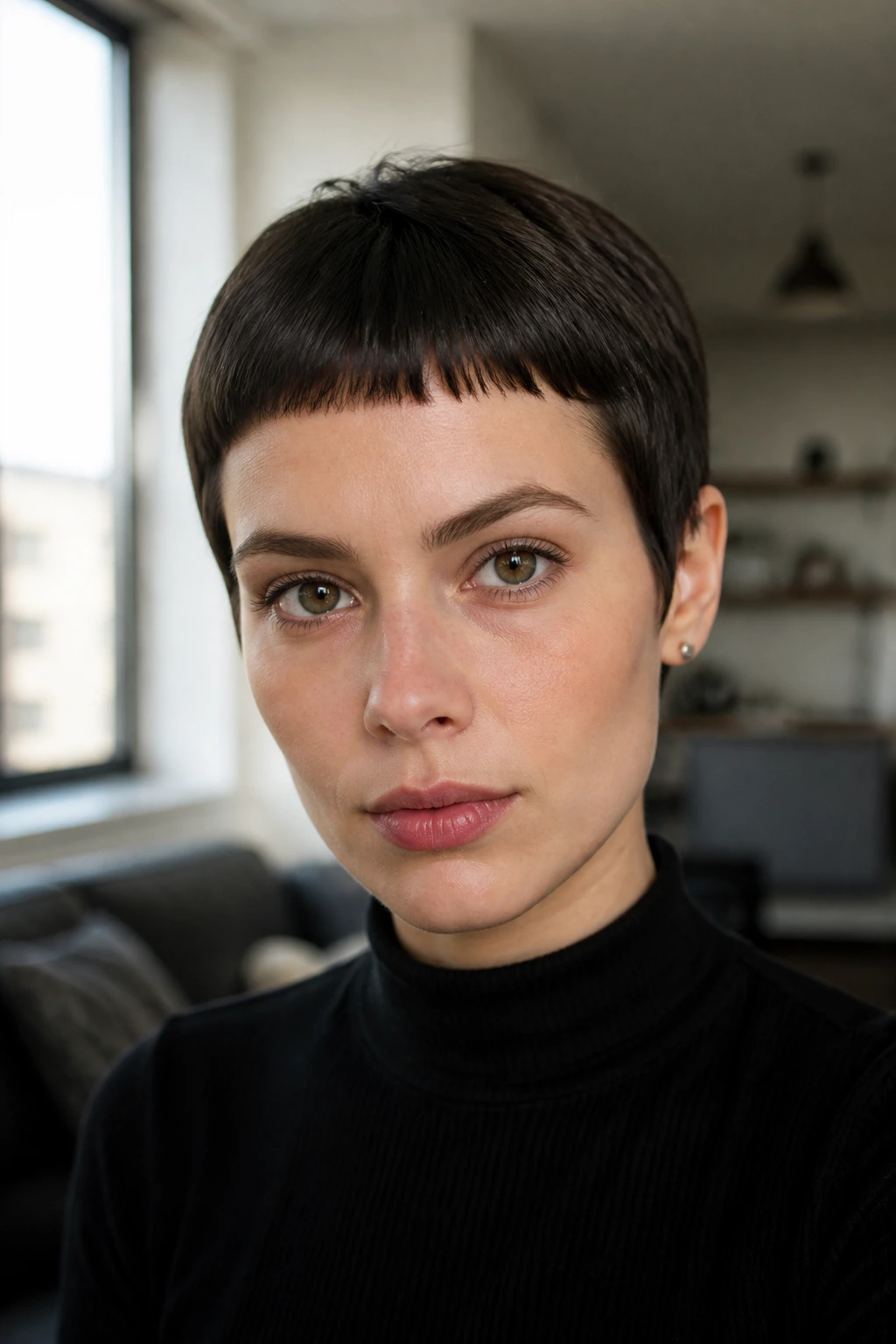 Close-up of a real woman with micro fringe pixie and sharp forehead line