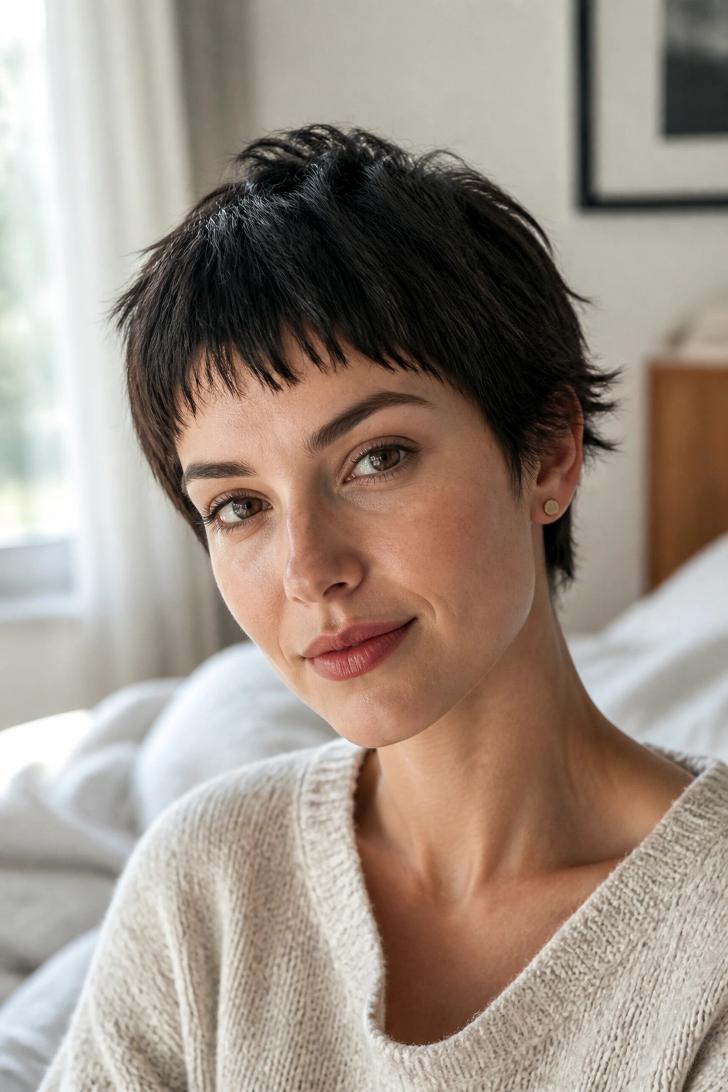 Close-up of a real person with micro-fringe pixie and soft textured top