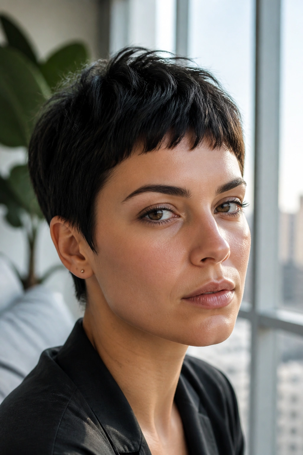 Real person with micro fringe pixie showing sharp brow line