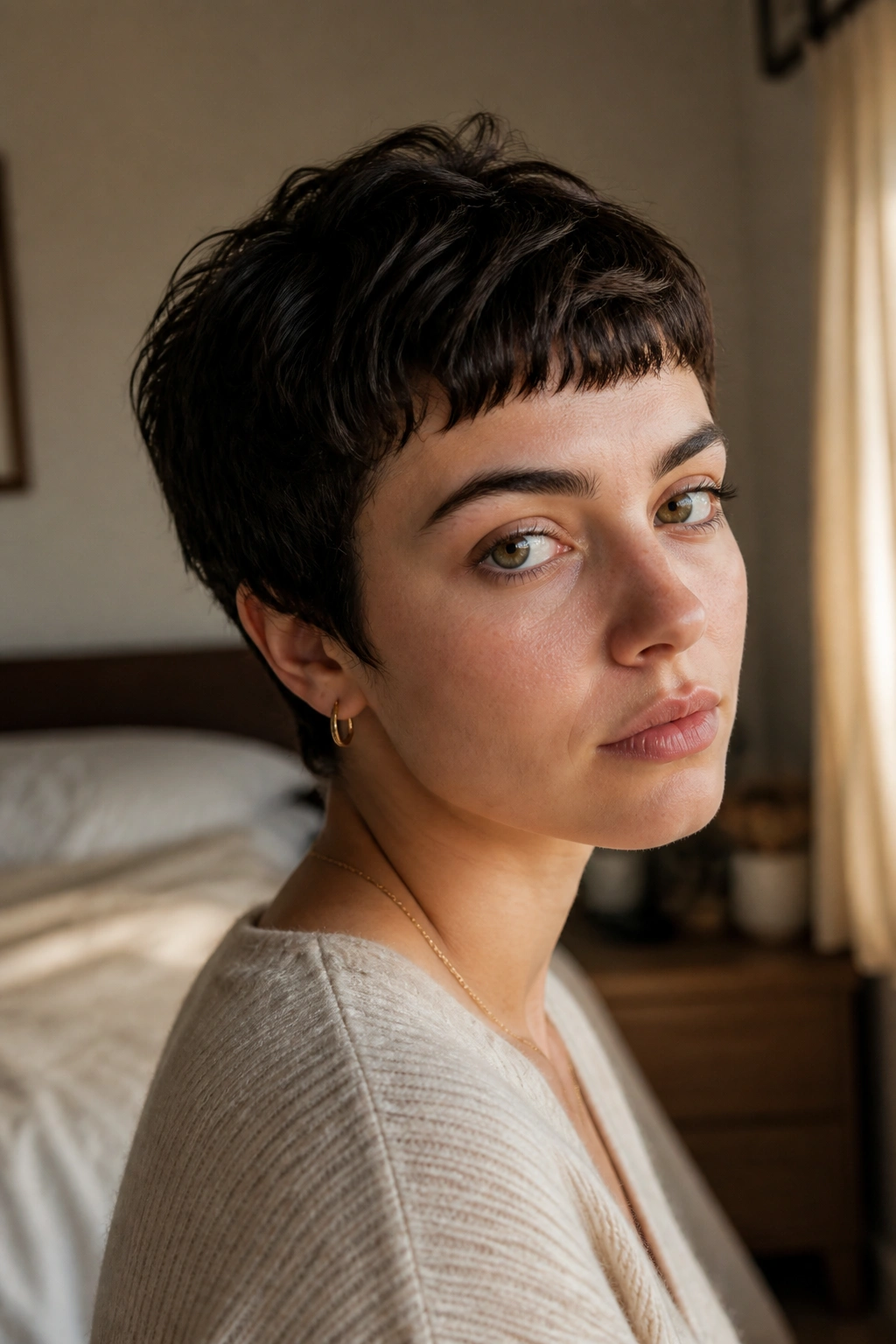 Close-up of a real woman with micro fringe pixie, short bangs and soft waves
