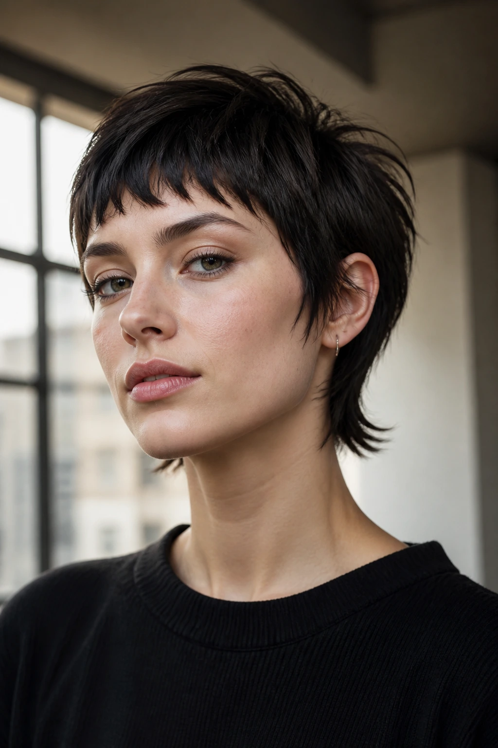 Portrait of a real person with a micro-fringe pixie wolf haircut
