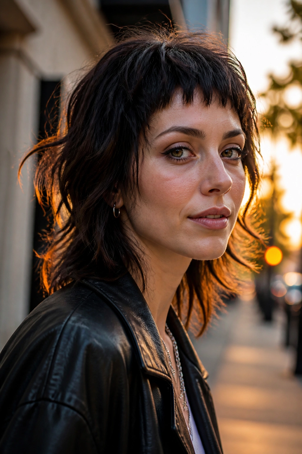 Close-up of a real woman with micro-fringe shag hairstyle highlighting the short bangs.