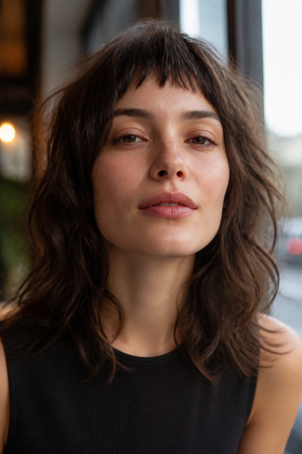Close-up of real person with Choppy Shag With Micro Fringe showing bold micro fringe