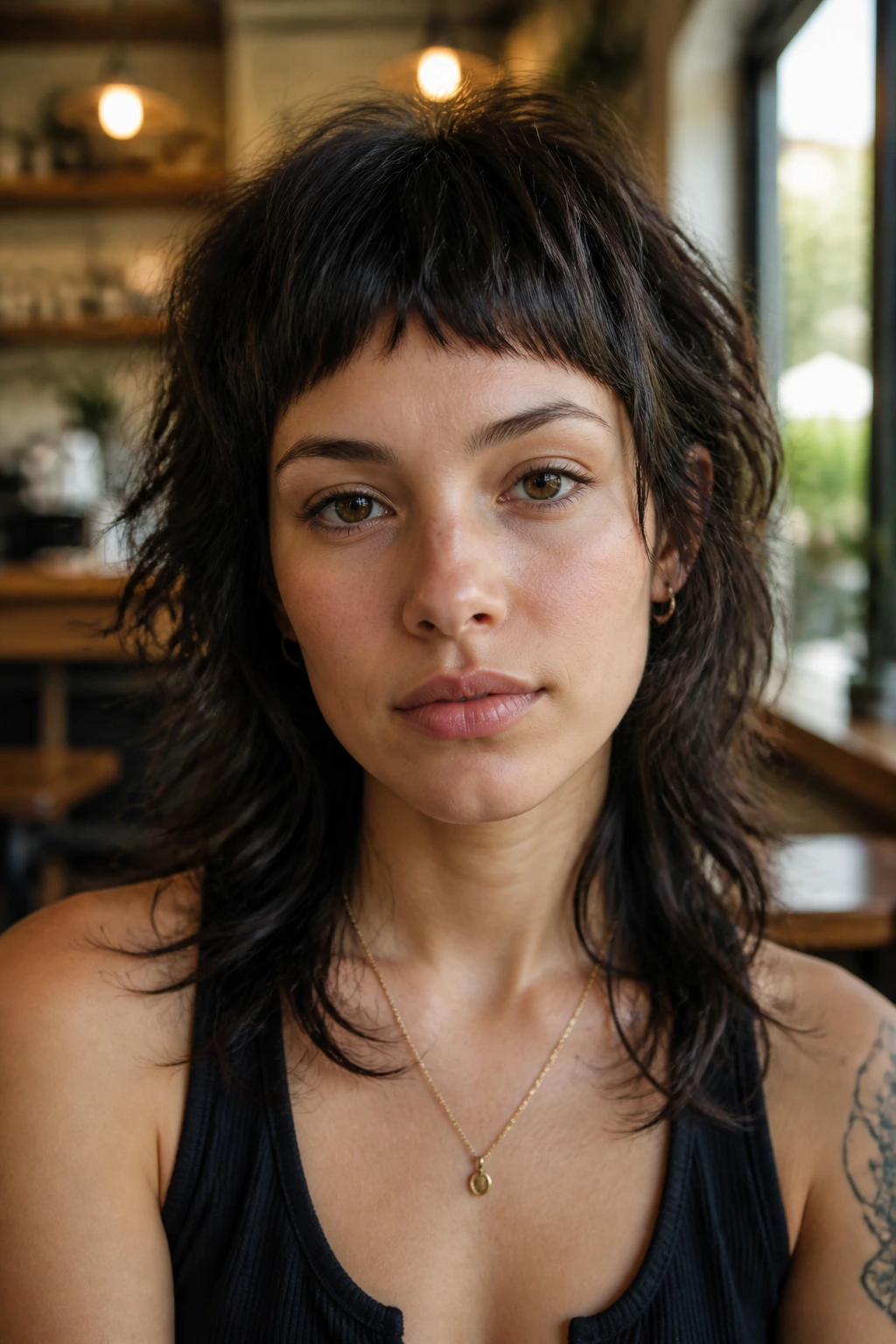Close-up portrait of a real person with micro fringe shag, high forehead fringe and layered underpieces.