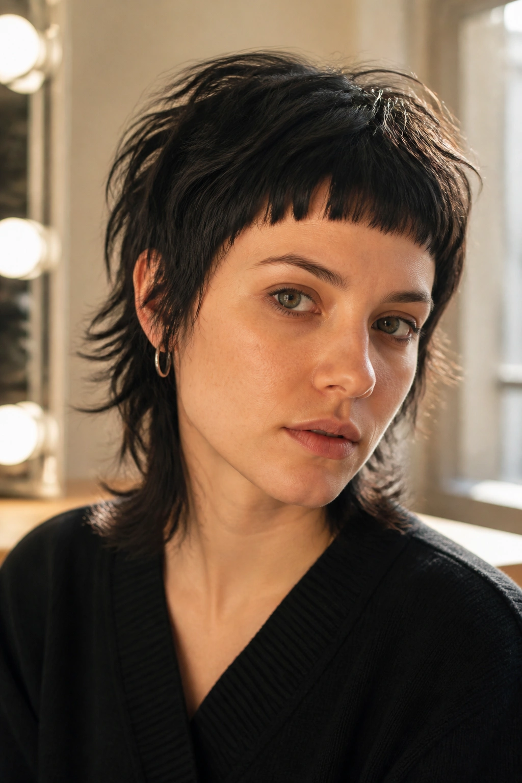 Close-up portrait of a real person with a micro fringe shag hairstyle, short fringe and textured crown